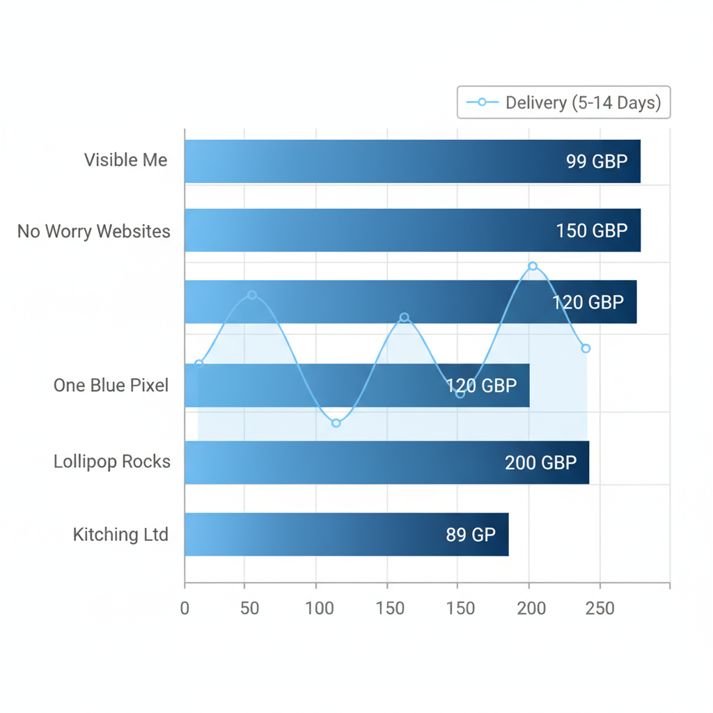 Horizontal bar chart comparing starting monthly prices in GBP for five UK web design providers, with delivery time line overlay.