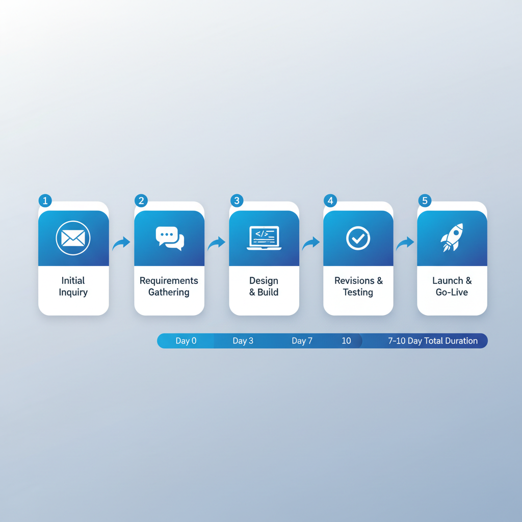 Horizontal process flow illustrating five-stage website delivery timeline for UK small businesses