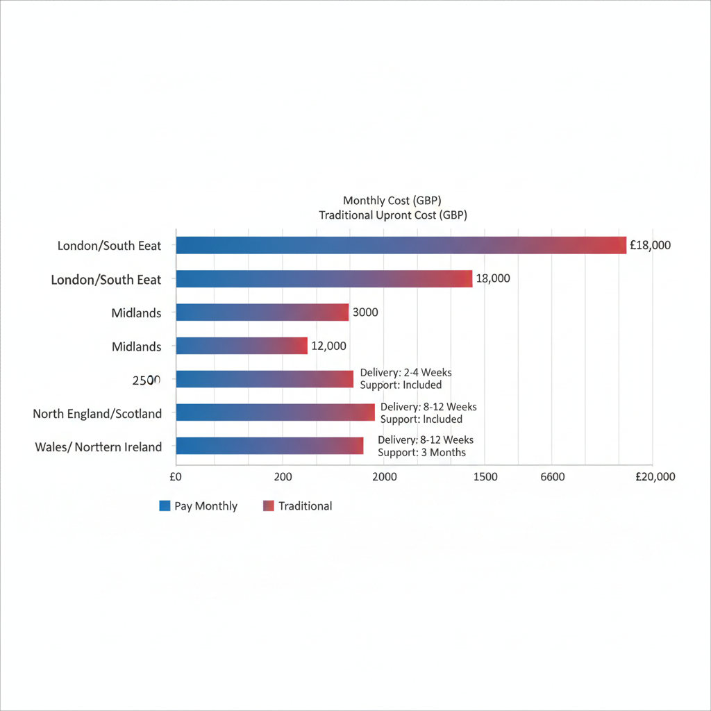 Horizontal bar chart comparing pay monthly and traditional web design costs across UK regions