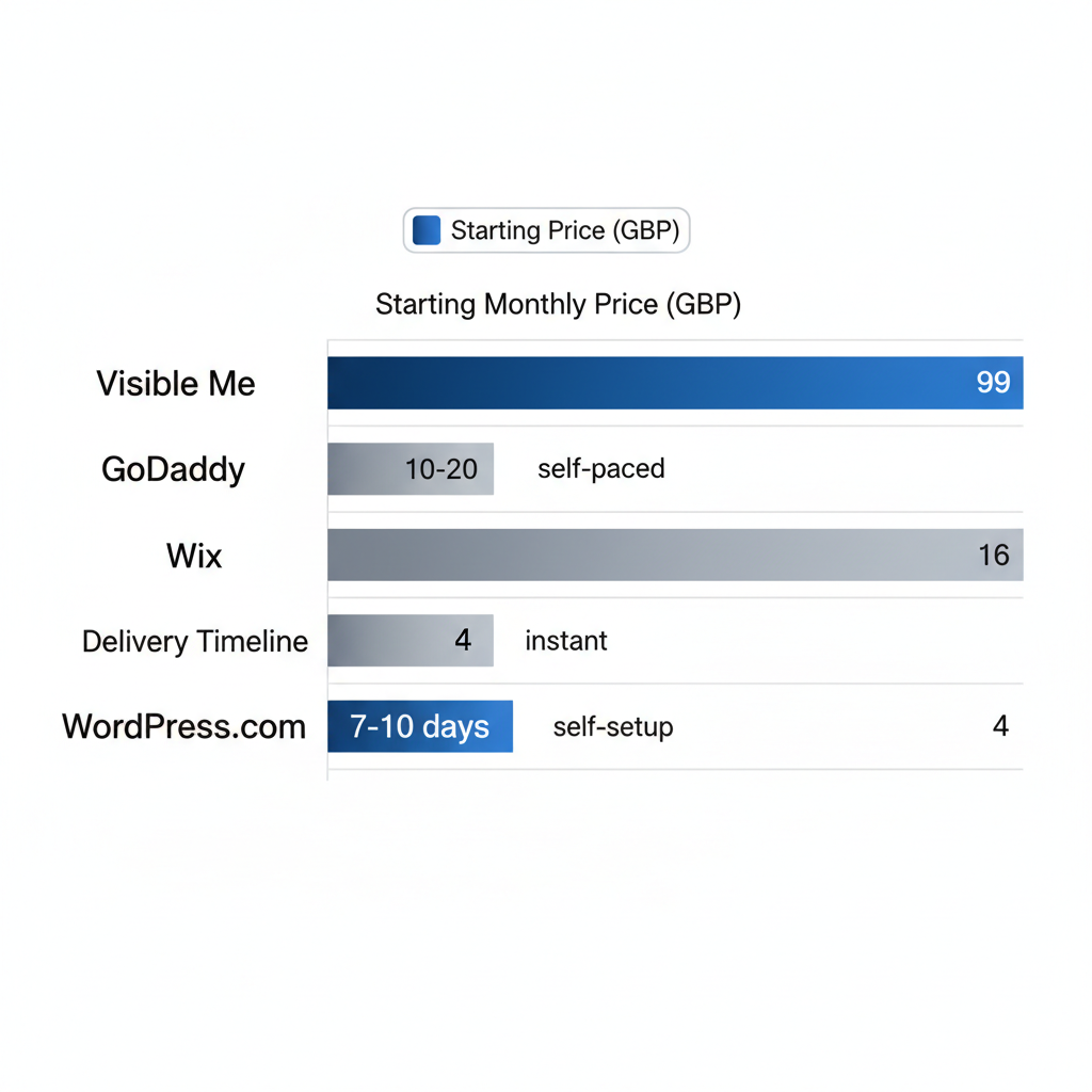 Horizontal bar chart comparing monthly prices and delivery timelines of UK website providers including Visible Me, GoDaddy, Wix, and WordPress.com