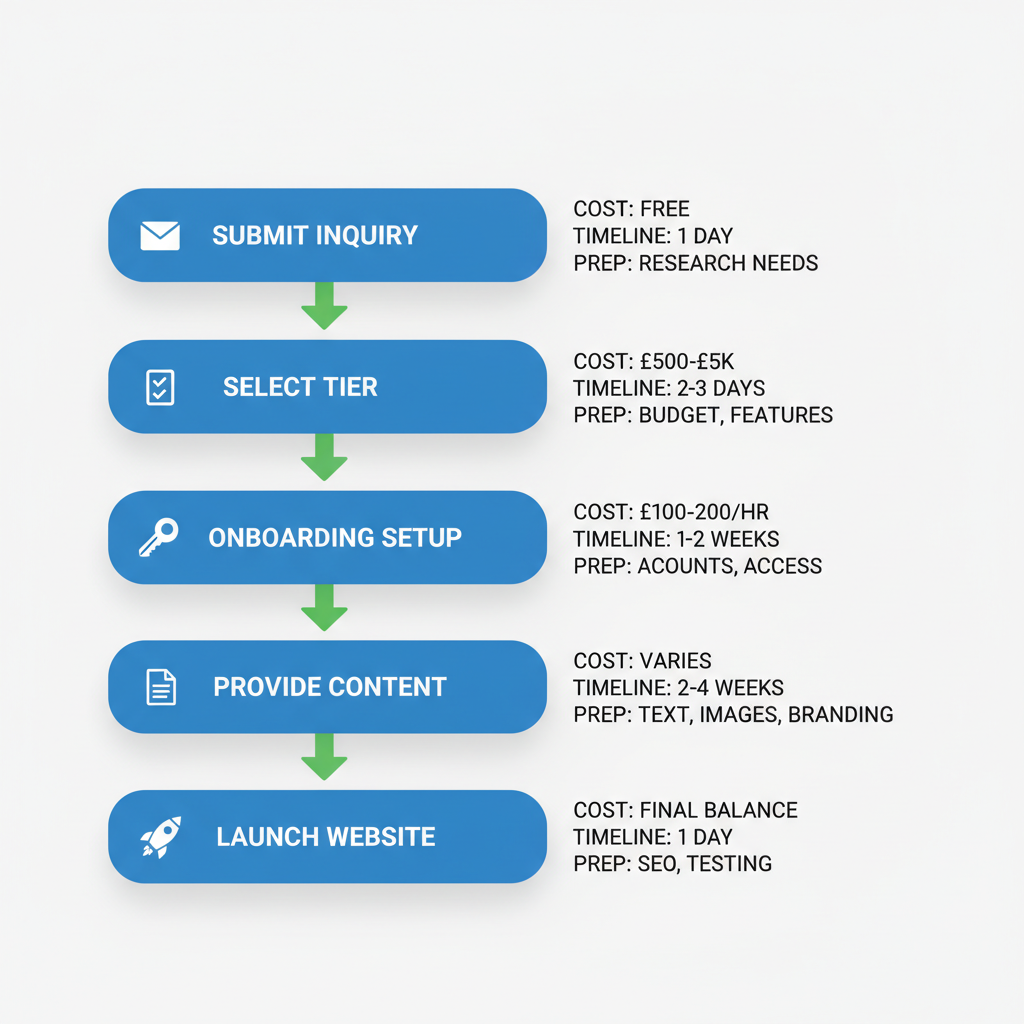 Vertical process flow illustrating five steps to launch a UK website package: submit inquiry, select tier, onboarding, provide content, and launch.