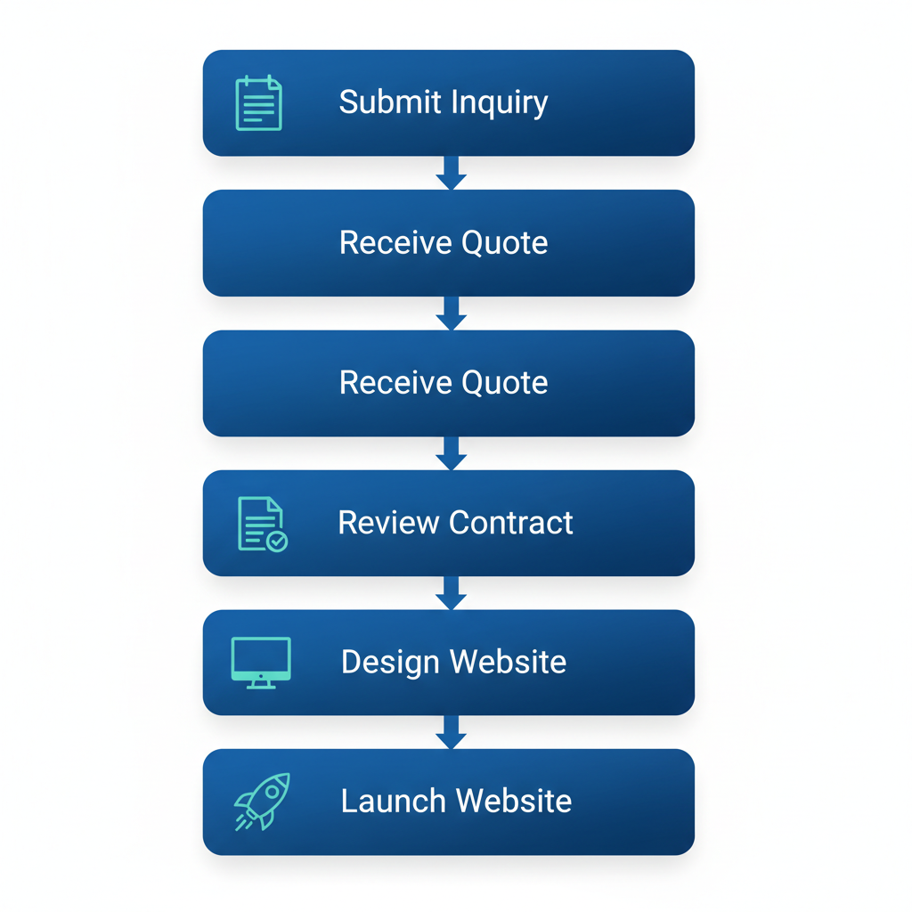 Vertical process flow diagram illustrating the five steps to start Visible Me's monthly web design plan