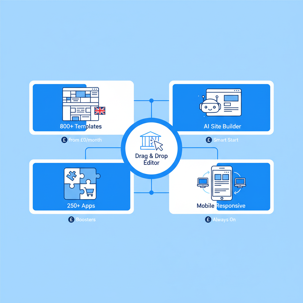 Infographic of Wix drag-and-drop builder features including templates, AI, app market, and mobile optimization with UK GBP pricing.