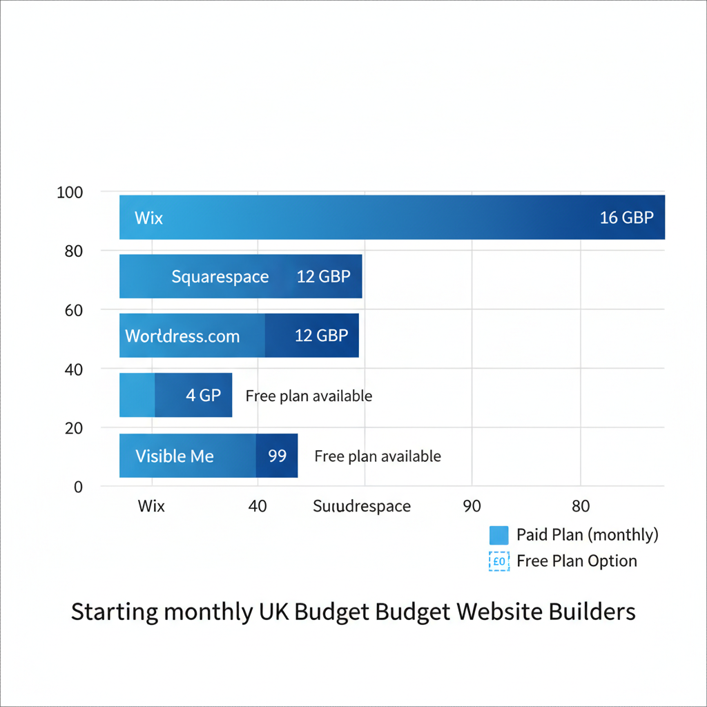 Horizontal bar chart comparing monthly starting prices of UK budget website builders: Wix at 16 GBP, Squarespace at 12 GBP, WordPress.com at 4 GBP, Visible Me at 99 GBP