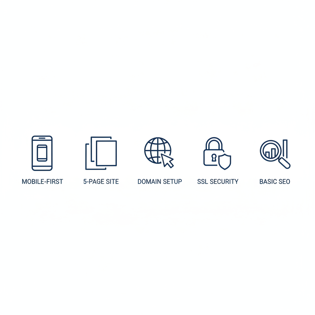 Icons highlighting key features of affordable starter websites for UK small businesses: mobile-first design, 5-page structure, domain setup, SSL security, and basic SEO.