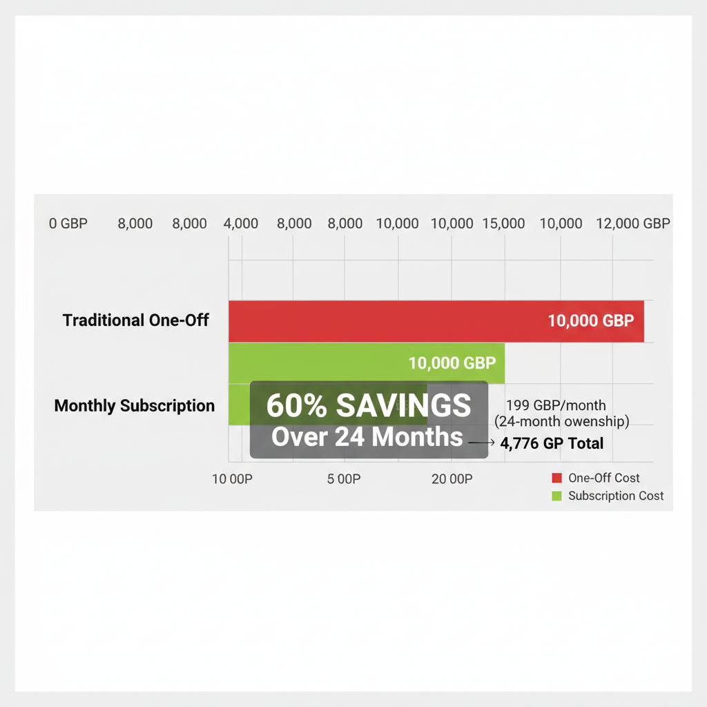 Horizontal bar chart illustrating cost comparison between traditional one-off and monthly subscription custom web development in the UK, highlighting 60% savings.
