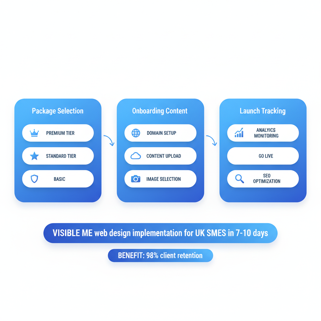 Horizontal process flow diagram of three stages in Visible Me web design for SMEs: package selection, onboarding and content management, launch and performance tracking.