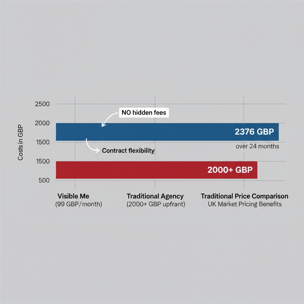 Bar chart comparing Visible Me monthly website costs versus traditional upfront pricing for UK businesses over 24 months