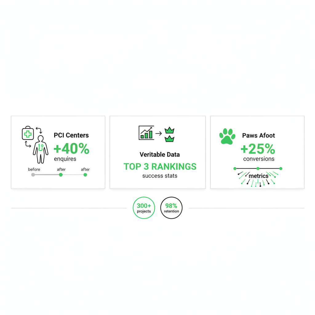 Infographic illustrating Visible Me case study successes with metrics on enquiries, rankings, conversions, and retention for UK clients