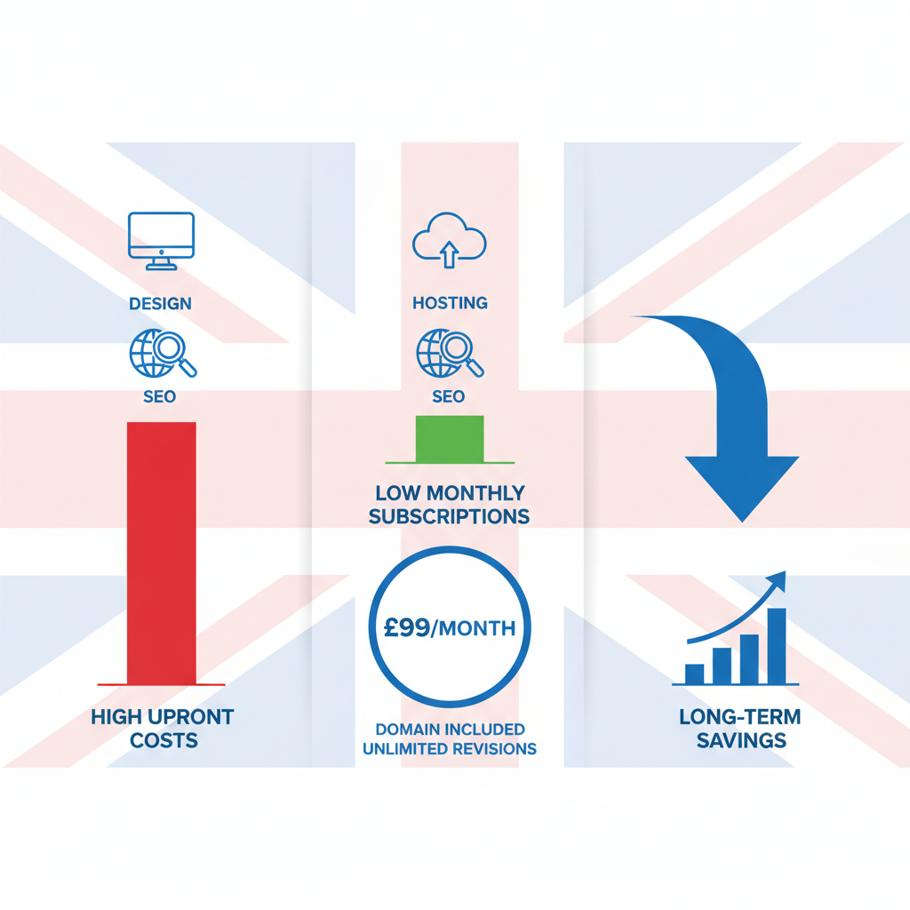 Infographic comparing upfront costs, monthly subscriptions, and long-term savings for UK business website services
