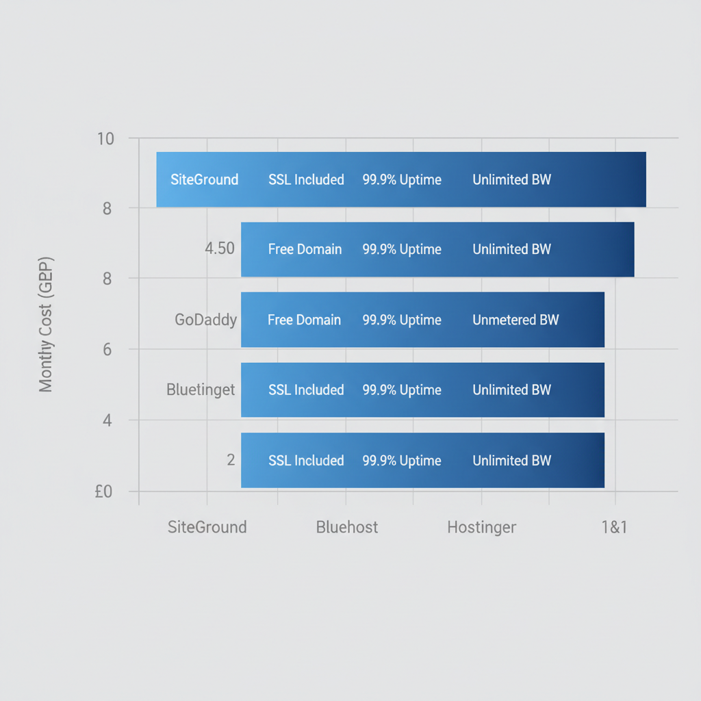 Horizontal bar chart comparing monthly costs and features of budget web hosting providers for UK businesses, including SiteGround, GoDaddy, and others with SSL, bandwidth, and uptime data.