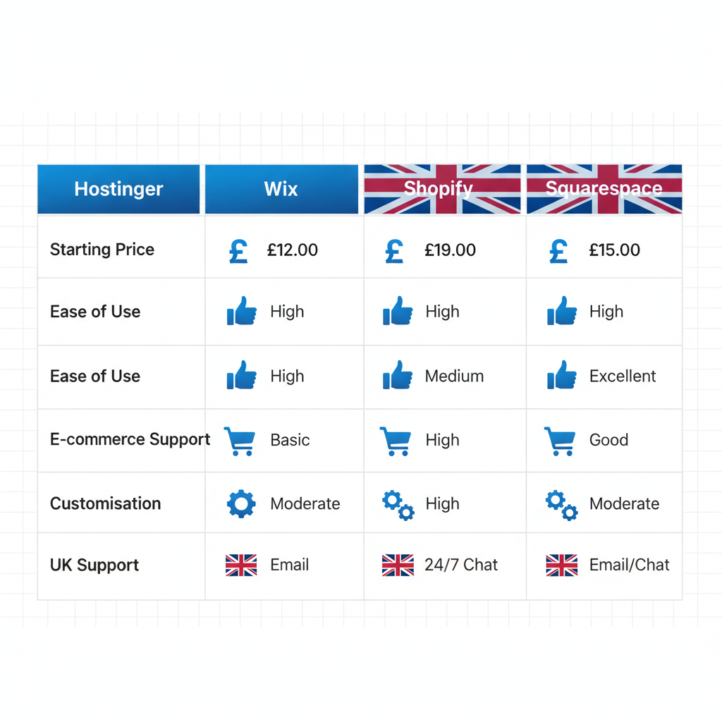 Infographic comparing Hostinger, Wix, Shopify, and Squarespace website builders for UK small businesses, featuring prices, ease of use, e-commerce capabilities, customisation options, and support features.