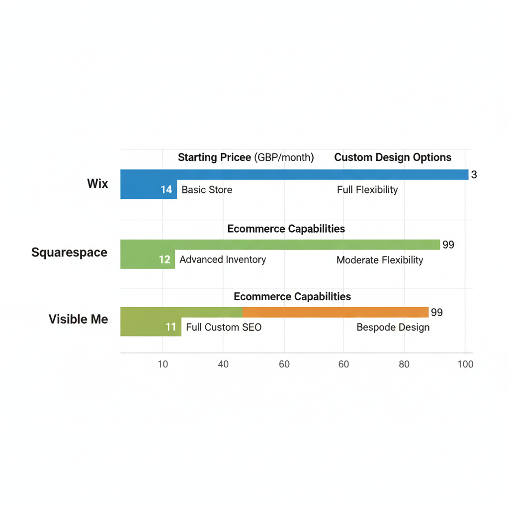 Horizontal bar chart comparing UK website builders Wix, Squarespace, and Visible Me on pricing, ecommerce, and custom design features.