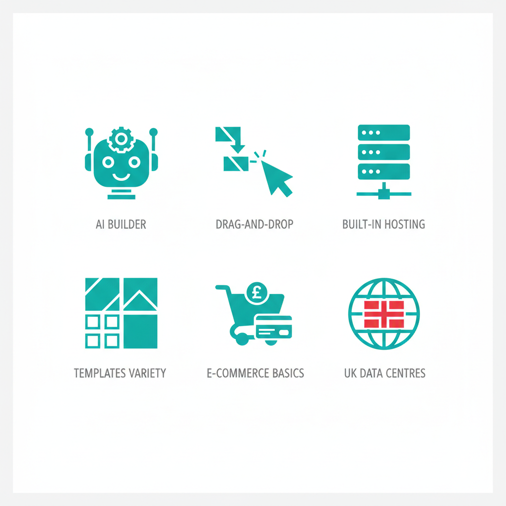 Set of six flat icons illustrating Hostinger website builder features including AI builder, drag-and-drop editor, hosting, templates, e-commerce, and UK data centres.