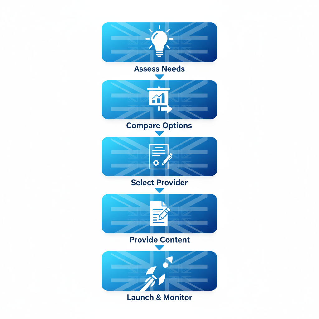 Vertical process flow diagram showing five steps to build a UK business website with icons and labels