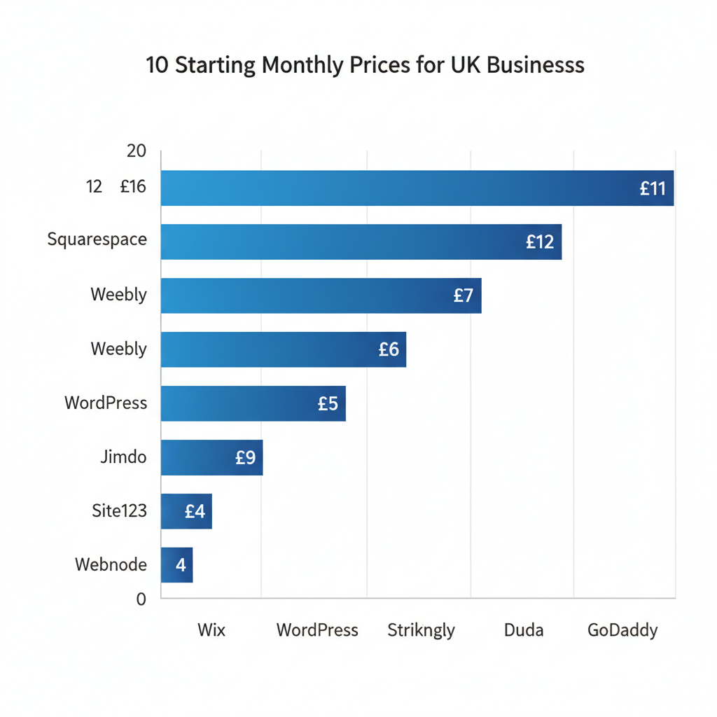 Horizontal bar chart comparing starting monthly prices in GBP of top 10 affordable website builders for UK businesses