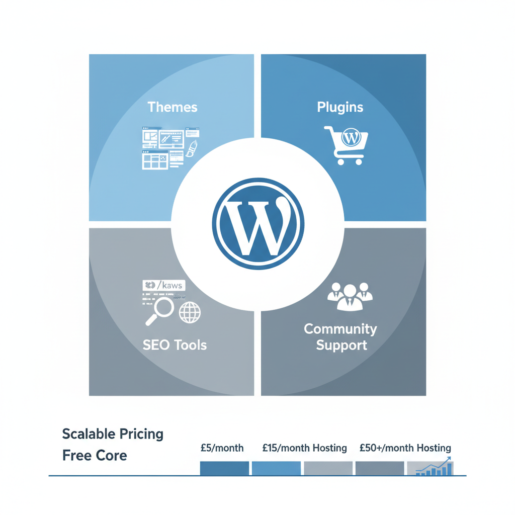 Infographic showing WordPress features including themes, plugins, SEO tools, community support, and pricing for UK businesses