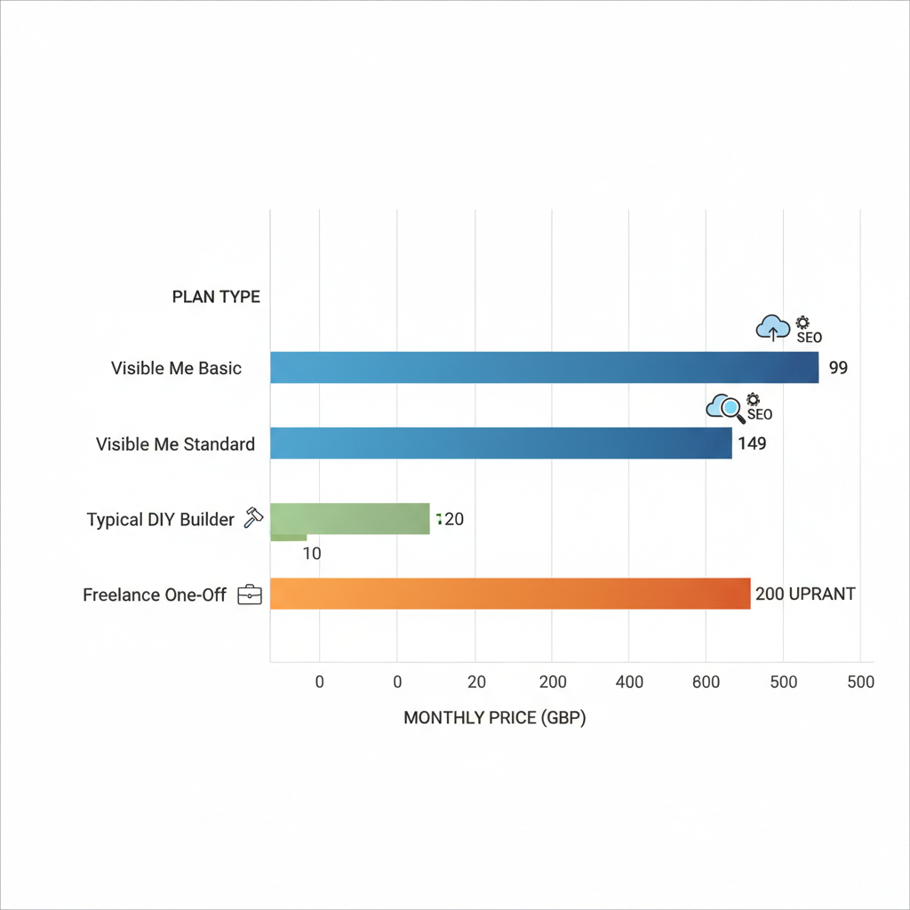 Horizontal bar chart comparing UK website pricing plans with Visible Me options in blue, DIY in green, and freelance in orange.