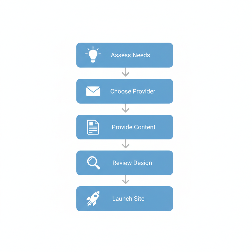 Vertical process flow diagram showing five steps to launch a business website in the UK with icons and labels.