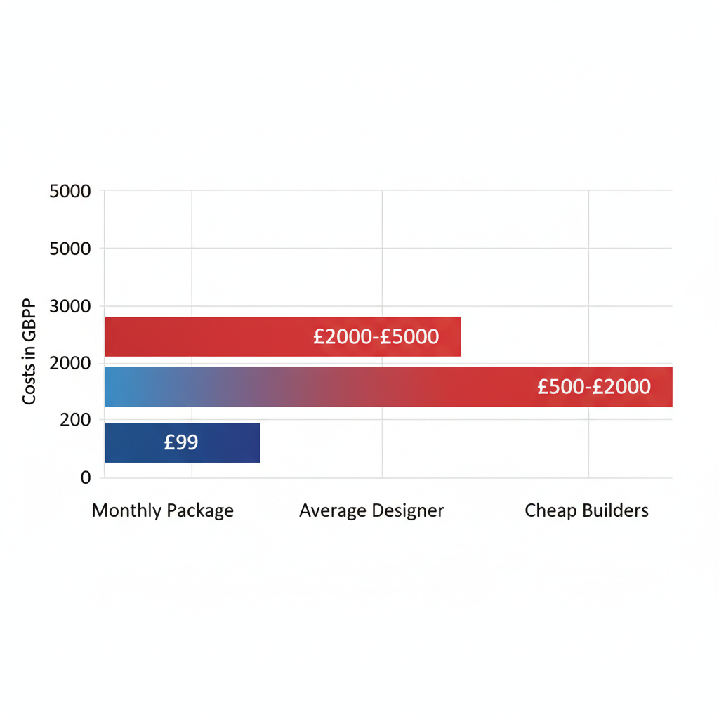 Horizontal bar chart comparing Visible Me's 99 GBP monthly website package to traditional UK web design costs of 500-5000 GBP.