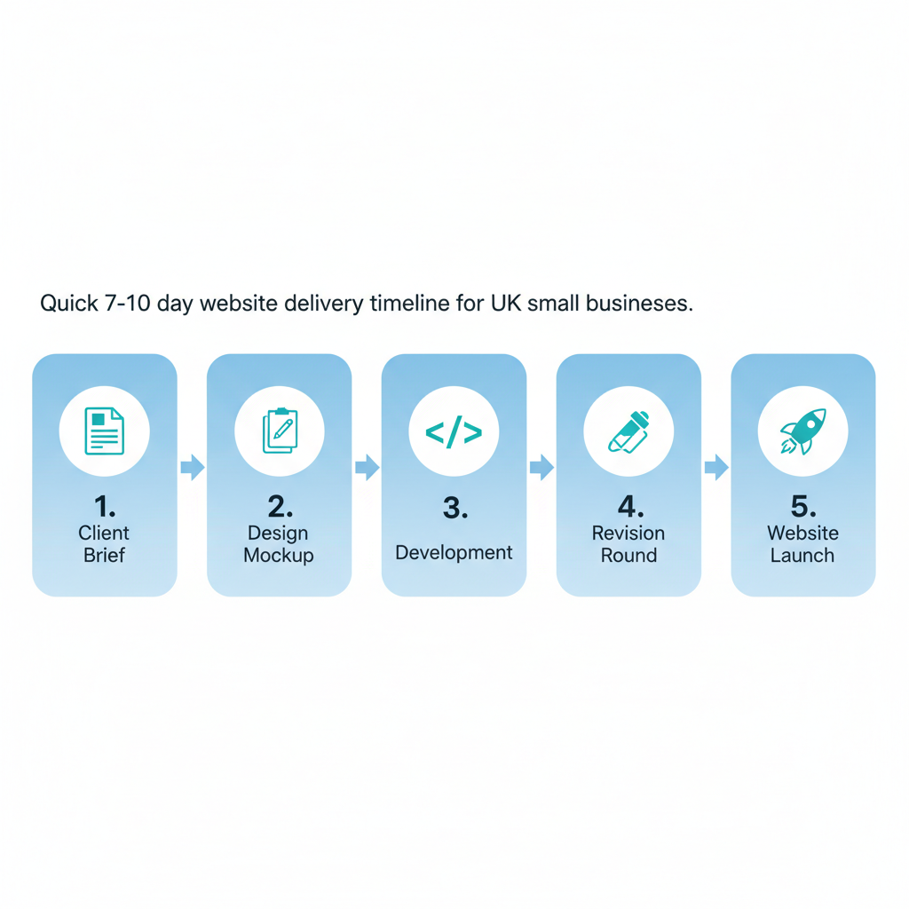 Horizontal process flow diagram illustrating the quick 7-10 day website delivery process with five steps: Client Brief, Design Mockup, Development, Revision, and Launch