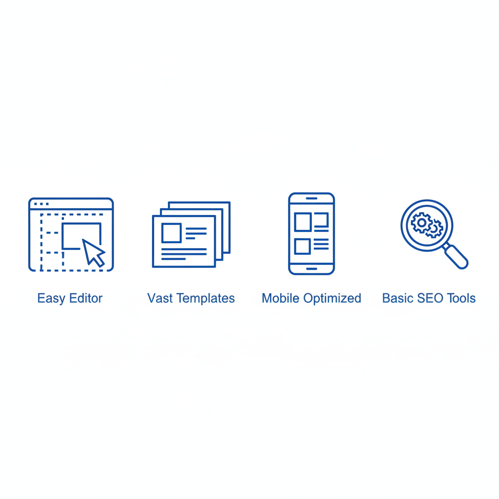 Set of four icons illustrating Wix website builder features: easy drag-and-drop editor, vast templates, mobile optimization, and basic SEO tools, in blue on white background.