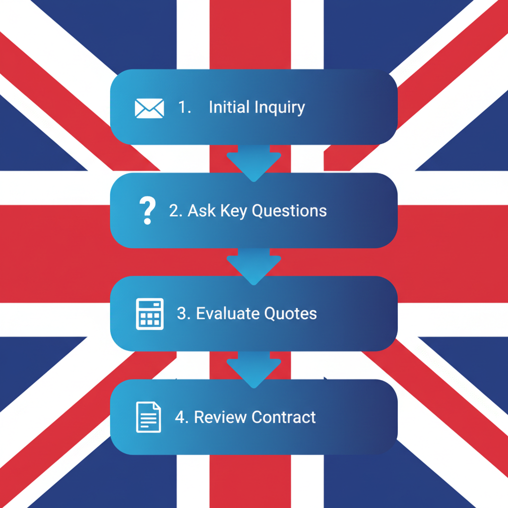 Vertical process flow diagram illustrating four steps to engage budget web designers in the UK