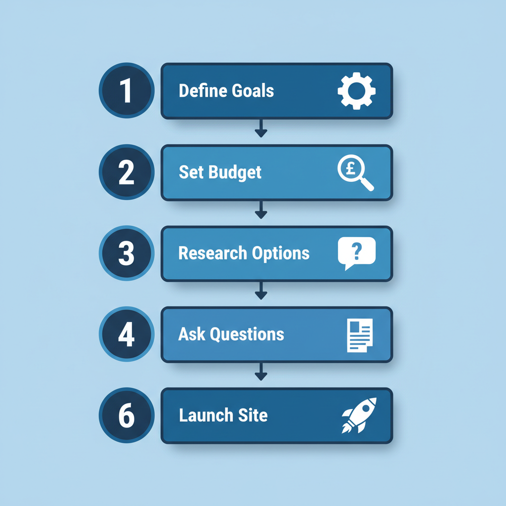 Vertical process flow illustrating six steps to hire an affordable UK web designer with icons and labels