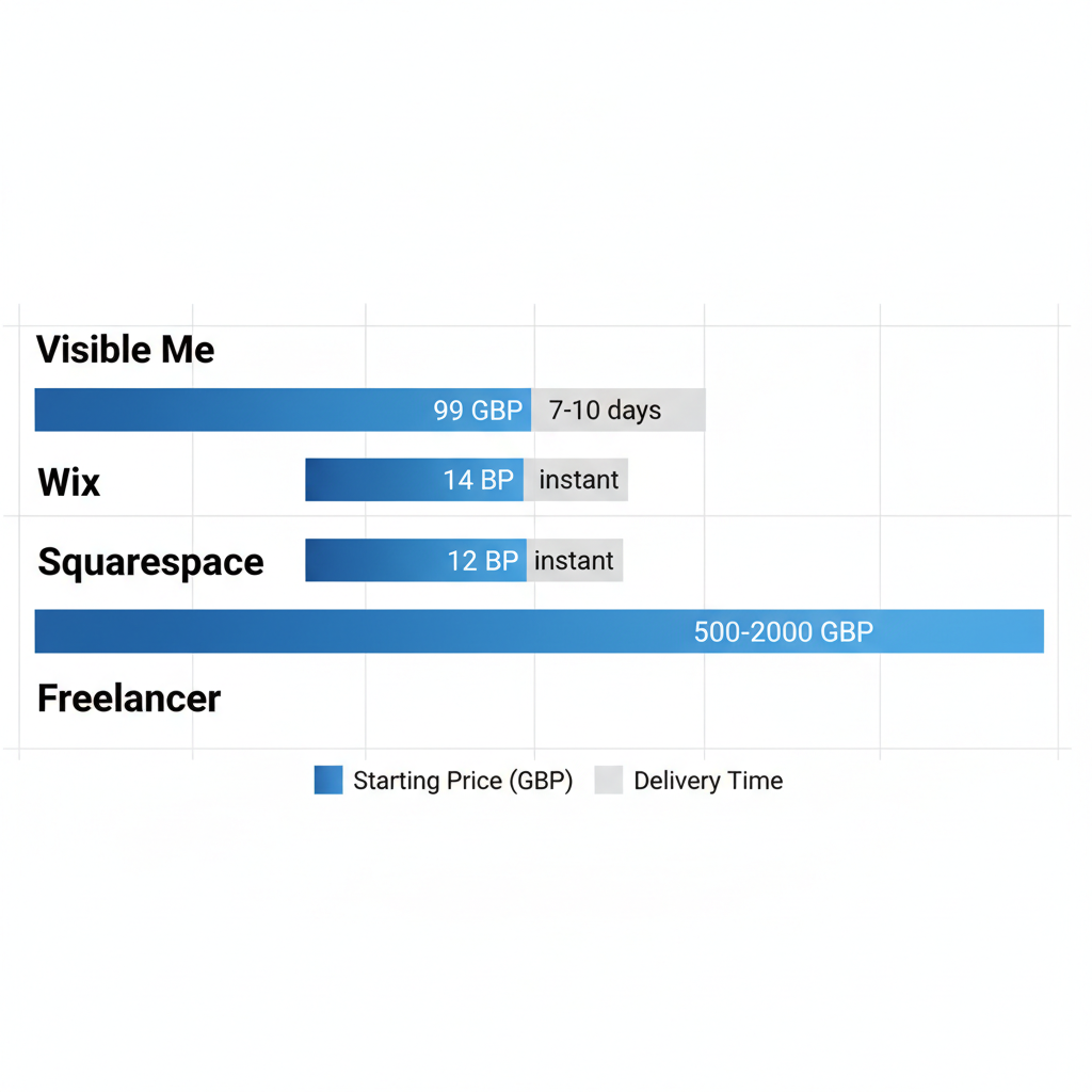 Horizontal bar chart comparing starting prices and delivery times of UK web design providers Visible Me, Wix, Squarespace, and Freelancer