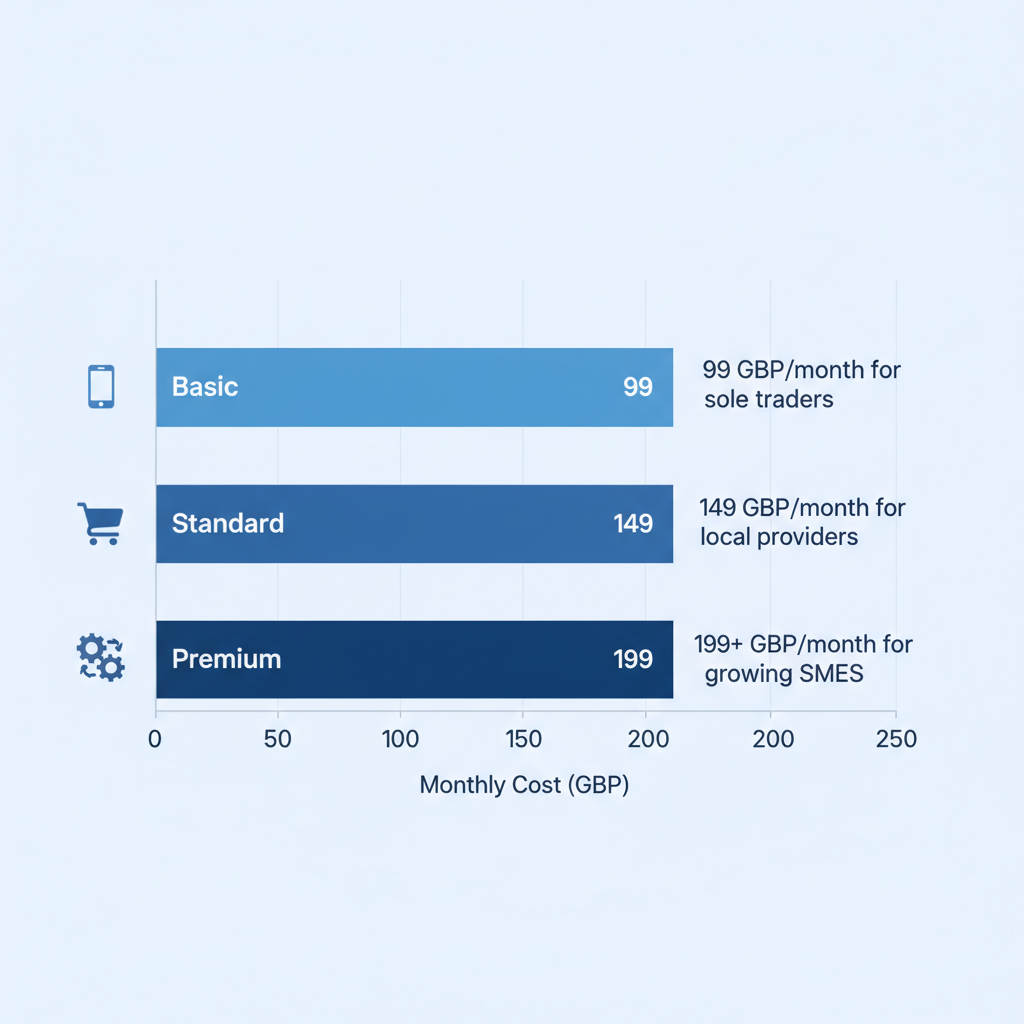 Horizontal bar chart of Visible Me's three monthly web design pricing tiers in GBP