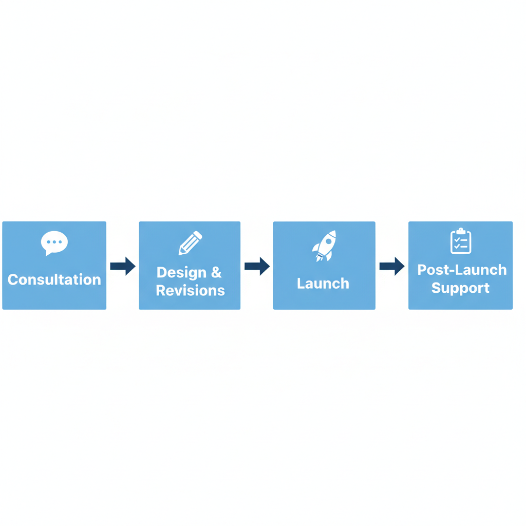 Horizontal process flow diagram illustrating the four key onboarding stages for implementing monthly web design: consultation, design and revisions, launch, and post-launch support.