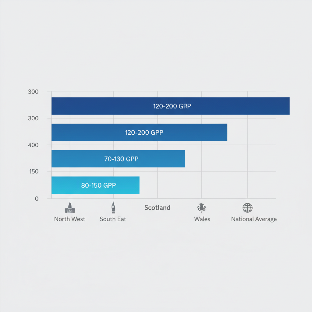 Horizontal bar chart comparing average monthly website maintenance costs in GBP for small businesses in UK regions: North West, South East, Scotland, Wales, and national average.