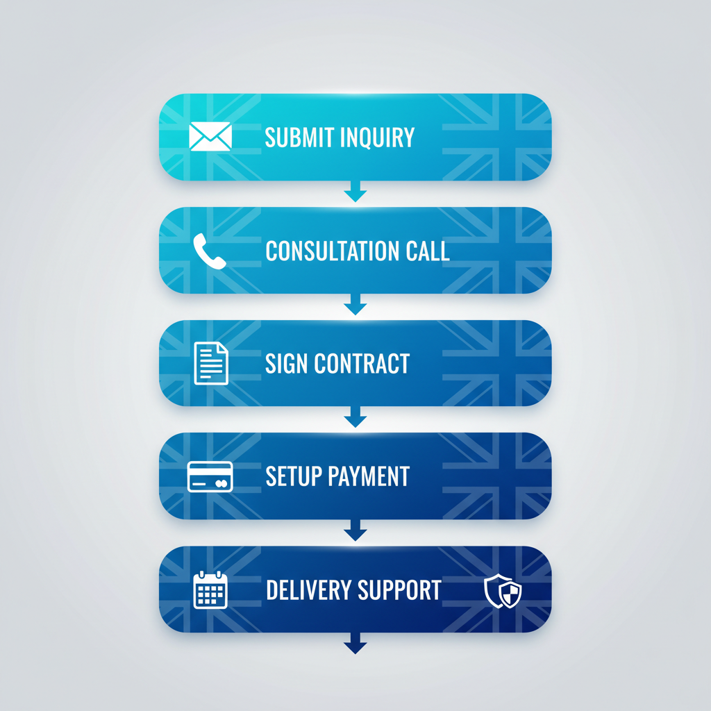 Vertical process flow illustrating the five onboarding steps for Visible Me's UK subscription web design services, including inquiry submission, consultation, contract signing, payment setup, and delivery with support.