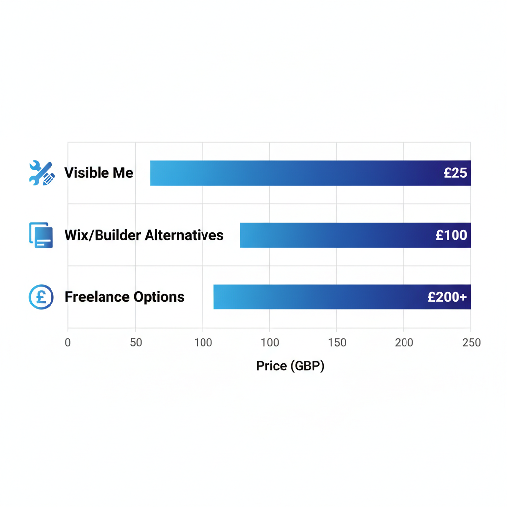 Horizontal bar chart comparing UK website package prices for Visible Me, Wix alternatives, and freelance options in GBP.