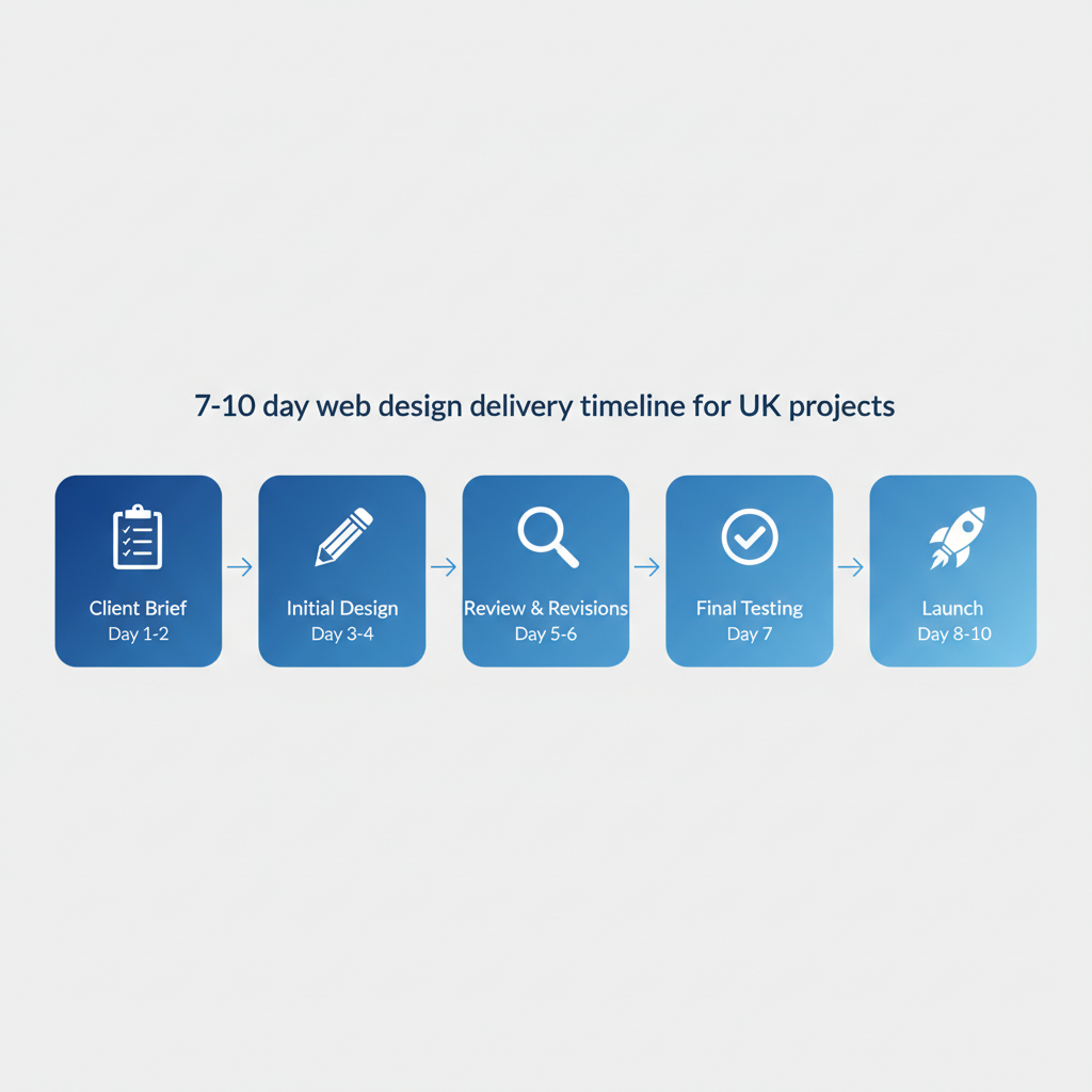 Horizontal process flow diagram illustrating the 7-10 day web design delivery timeline with five steps: client brief, initial design, review and revisions, final testing, and launch.