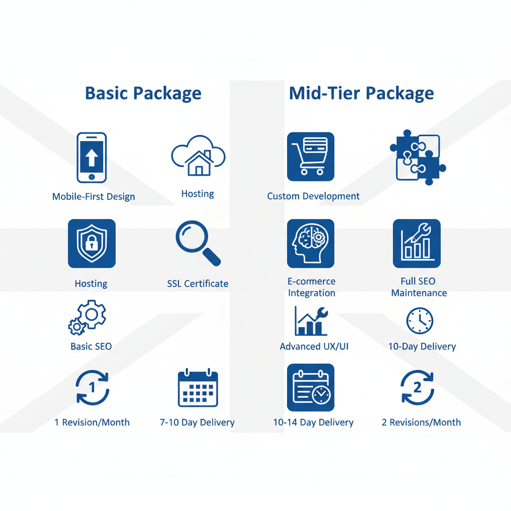 Infographic comparing basic and mid-tier web design packages for UK small businesses with feature icons.