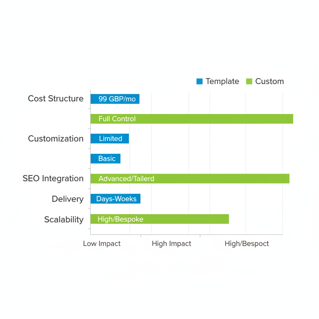 Horizontal bar chart comparing template and custom website development options for UK SMEs across cost, customization, SEO, delivery, and scalability
