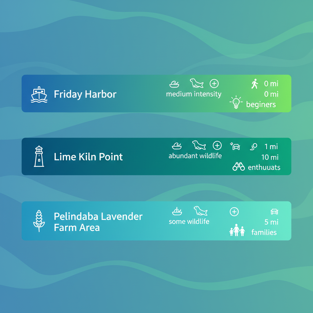 Horizontal bar chart comparing bioluminescent intensity, wildlife encounters, accessibility, and suitability across San Juan Islands locations