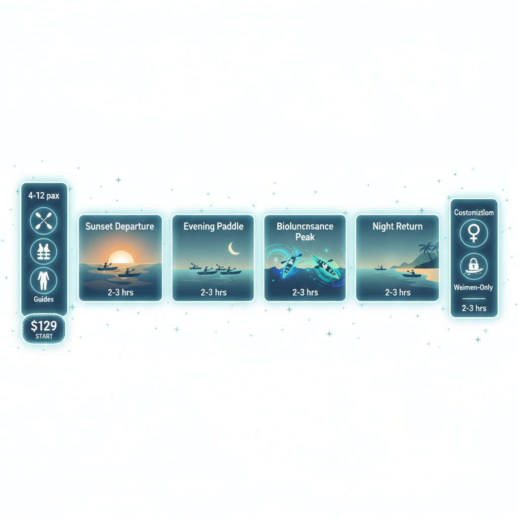 Infographic depicting bioluminescent night kayak tour timelines, group sizes, inclusions, pricing, and customization options