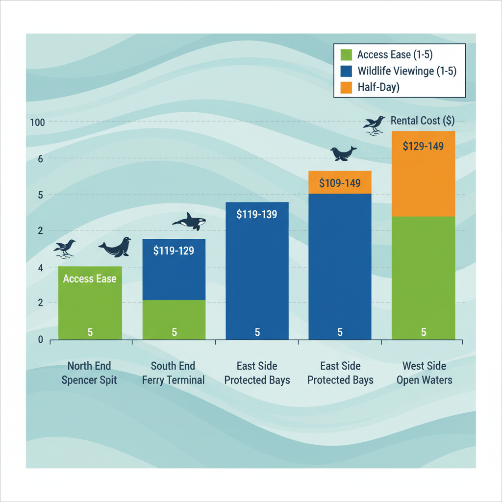 Stacked bar chart comparing kayak access ease, wildlife viewing potential, and half-day rental costs across Lopez Island locations with nautical icons.