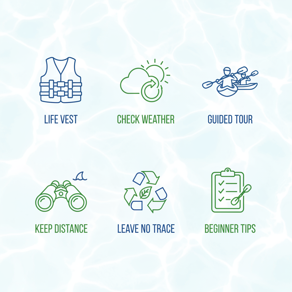 Grid of six safety icons for kayak rentals on Lopez Island including life jacket, weather check, guided tour, wildlife distance, leave no trace, and beginner instruction