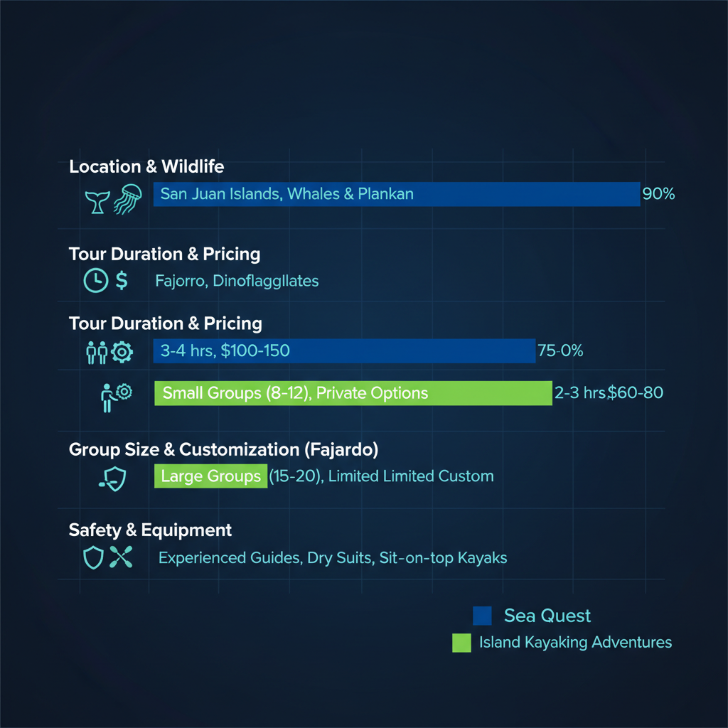 Horizontal bar chart comparing key features of bioluminescent kayak tours between Sea Quest and Island Kayaking Adventures, highlighting differences in location, wildlife, duration, pricing, and safety.