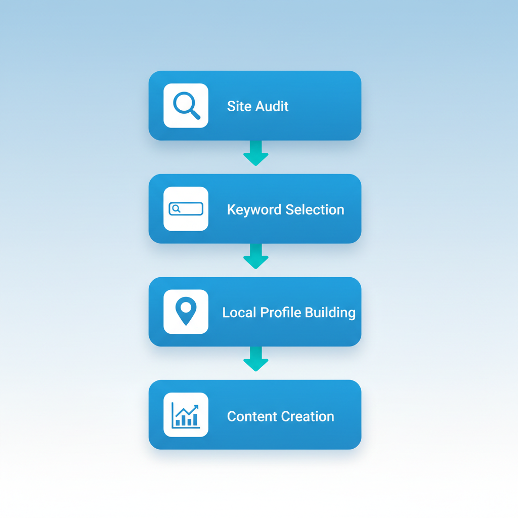 Vertical process flow diagram illustrating five key steps to launch dental SEO in Los Angeles with icons and labels