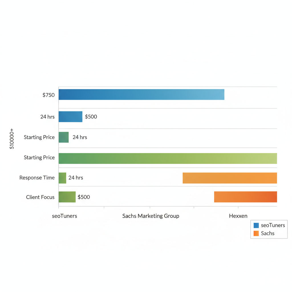 Horizontal bar chart comparing top SEO agencies in Thousand Oaks by starting price, response time, and client focus ratings