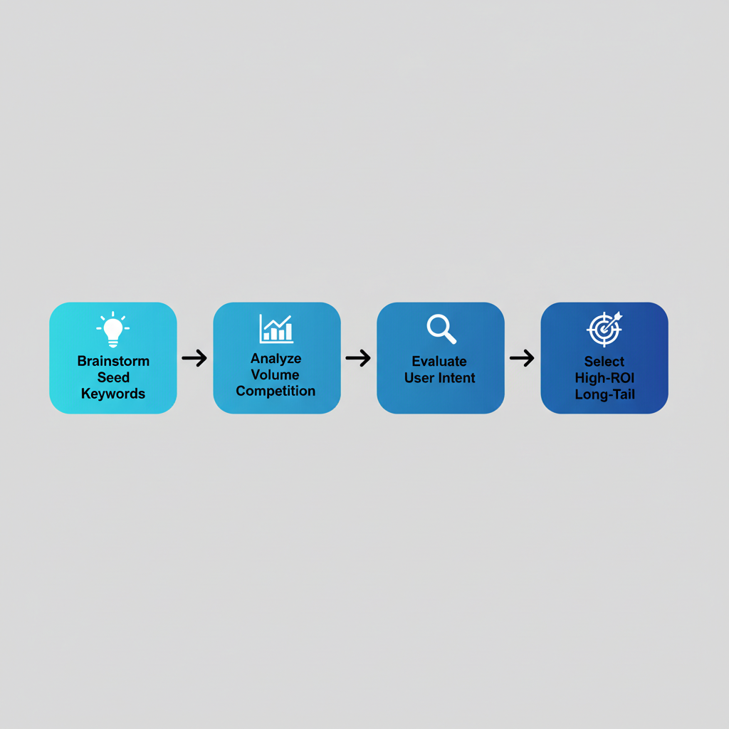Horizontal process flow diagram showing four key steps in targeted keyword research: brainstorming, analysis, evaluation, and selection.
