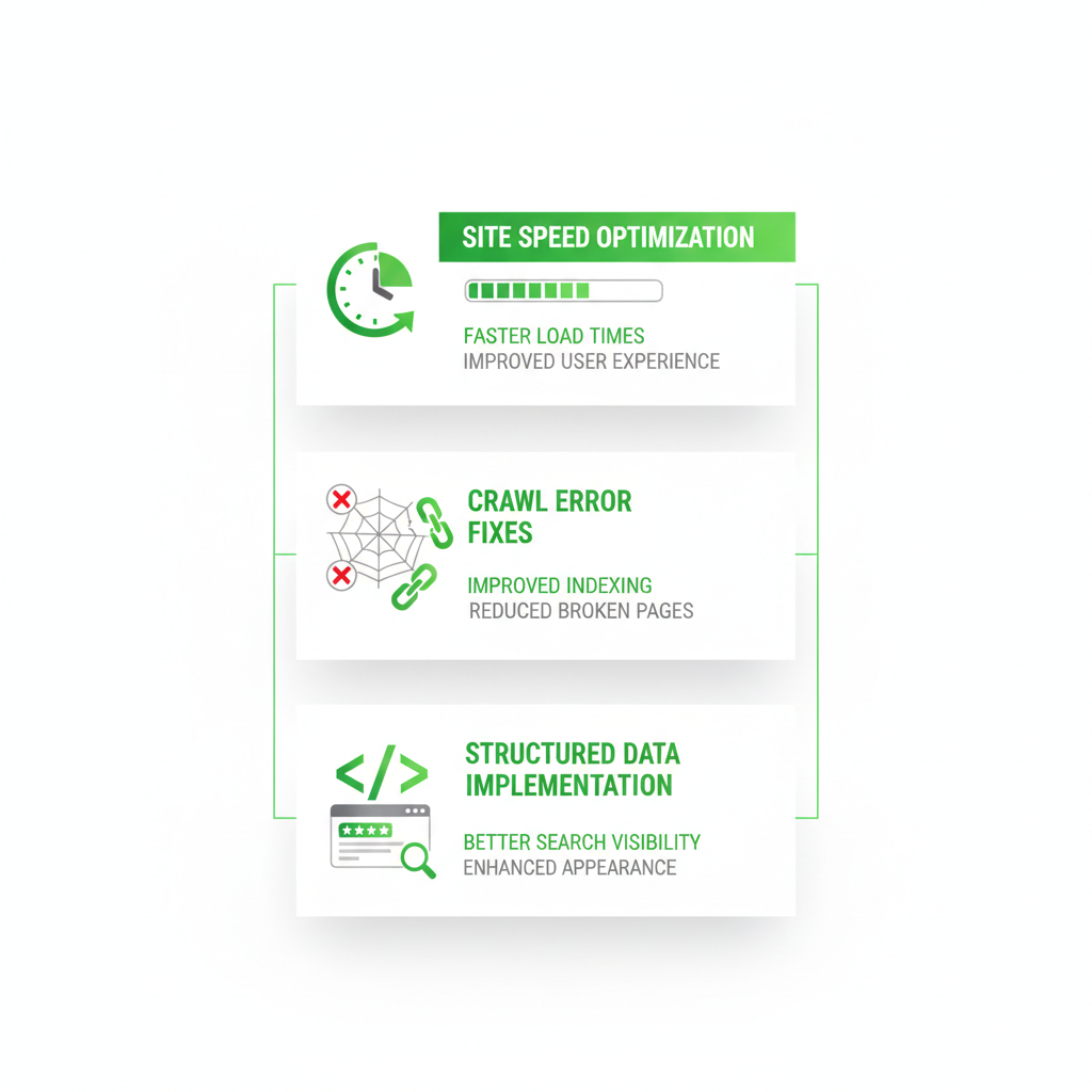 Infographic showing three key technical SEO audit areas: site speed, crawl errors, and structured data with icons and benefits.
