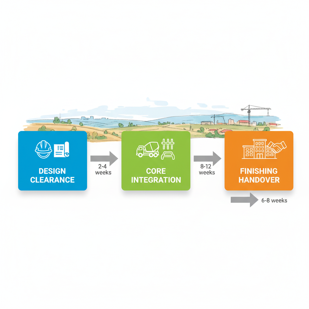 Horizontal process flow diagram illustrating three phases of commercial construction projects in Nyeri, Kenya: design to site clearance, core building integration, and finishing handover with timelines.