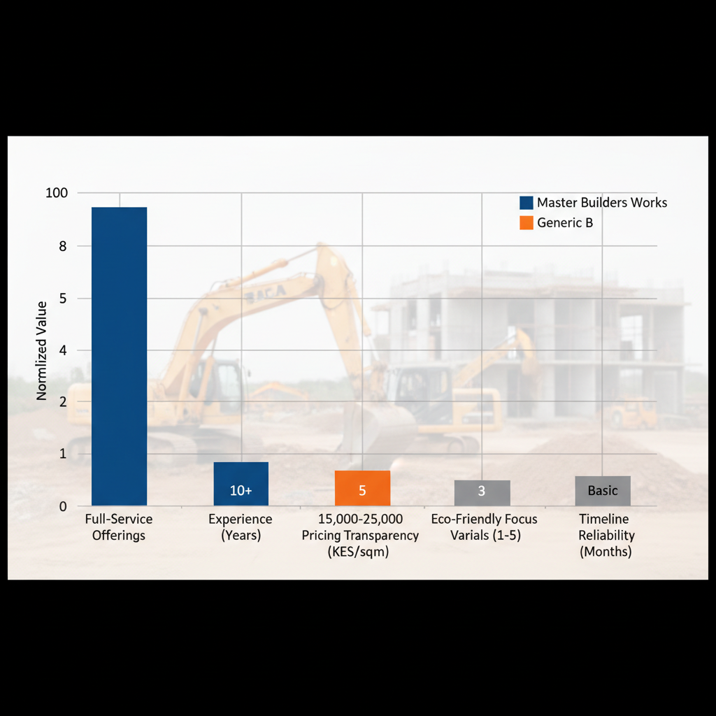 Bar chart comparing Master Builders Works and two generic contractors in Nyeri on service offerings, experience, pricing, eco-focus, and timelines