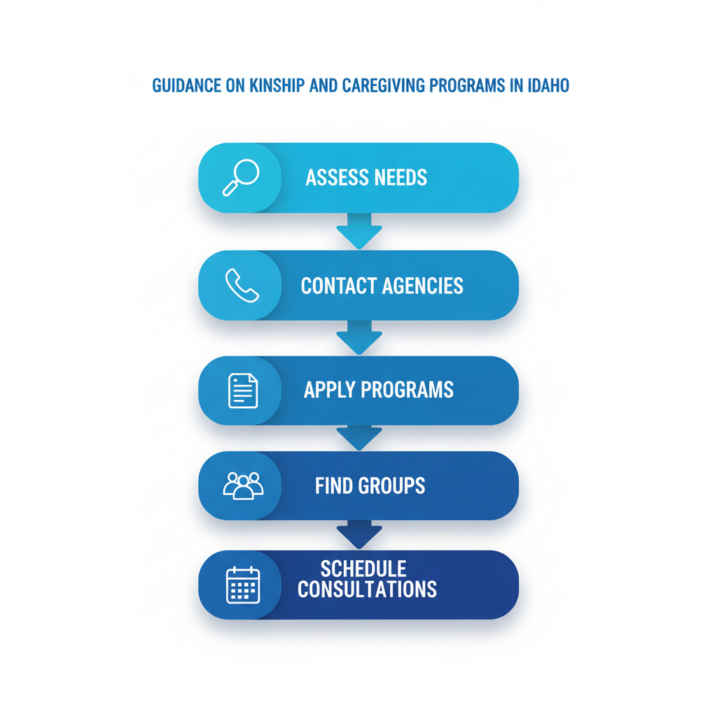 Vertical process flow diagram illustrating five key steps to begin caregiving for parents in Idaho, including icons for assessment, contact, application, support, and scheduling.