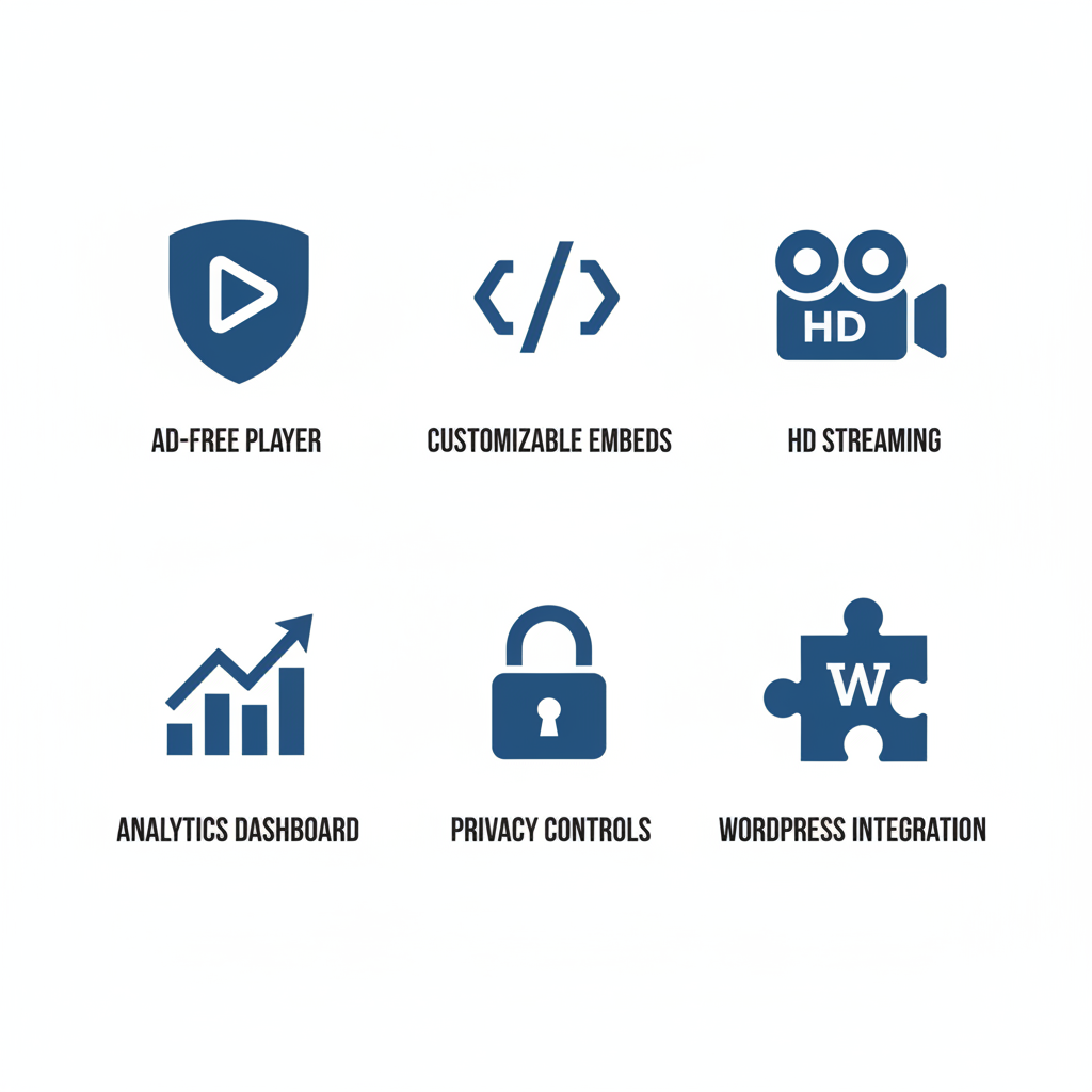 Grid of icons illustrating Vimeo's professional video platform features including ad-free player, analytics, and WordPress integration.